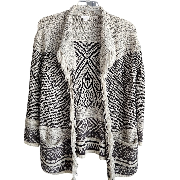 J. Jill Sweater Fringe Trim Cardigan Cotton Wool Black Western Chunky Boho Small - Picture 2 of 12